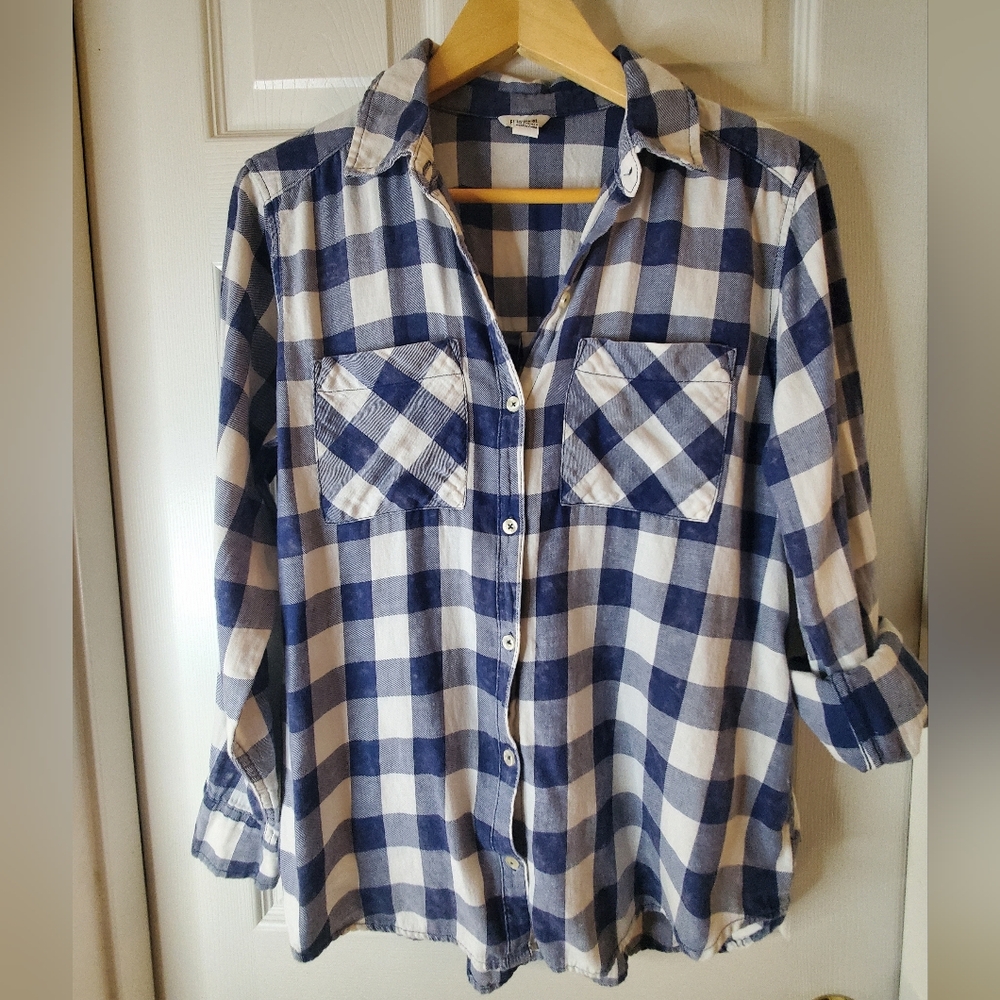 Forever 21 Size L Indigo-look Plaid Check Cotton Button Down